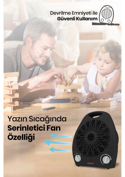 Warm Siyah 2000 Watt Isıya Dayanıklı Sıcak,ılık,soğuk Devrilme Emniyetli Isıtıcı Fan