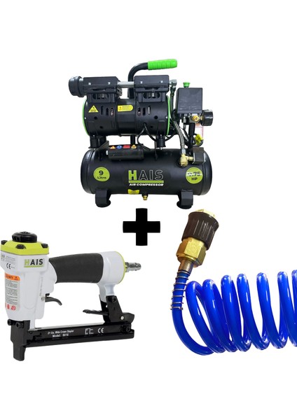 Haıs 9 Litre Sessiz Yağsız Hava Kompresörü 0,75 Hp + 8016 Havalı Zımba Çakma Makinası + Pu 5*8 mm 15 mt Jaklı Spiral Hortum ( Set 11 )