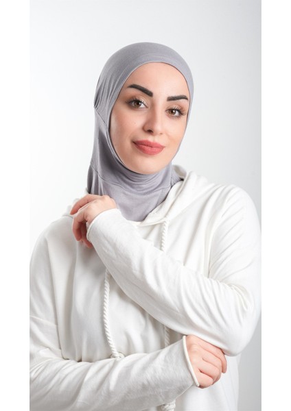 Gri Pratik Hazır Geçmeli Tesettür Bone Sandy Kumaş Spor Hijab 2113_15