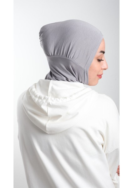 Gri Pratik Hazır Geçmeli Tesettür Bone Sandy Kumaş Spor Hijab 2113_15