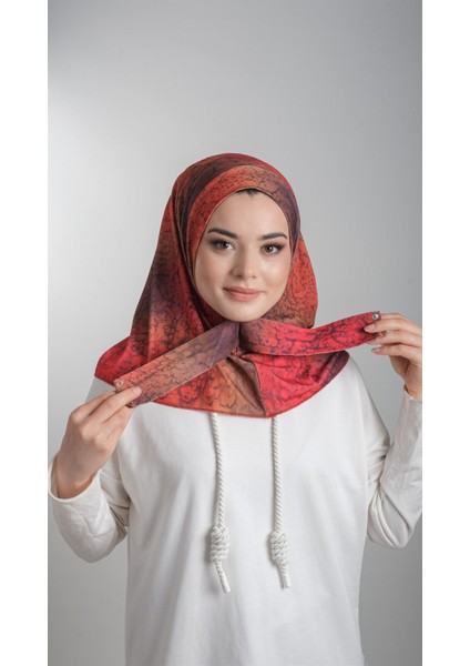 Kırmızı Pratik Hazır Geçmeli Tesettür Bone Sandy Kumaş Batik Desenli 2101D_31