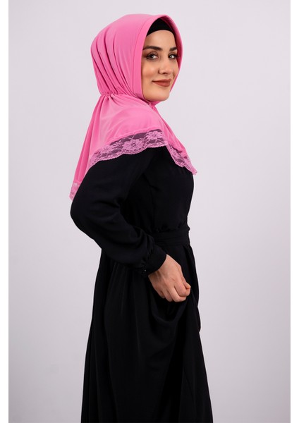 Pembe Pratik Hazır Geçmeli Tesettür Eşarp Viskon Kumaş Çıtçıtlı Dantelli 2105_04