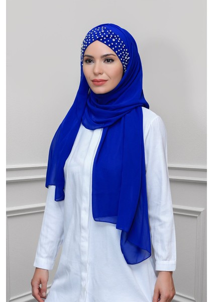 Saks Mavisi Pratik Hazır Geçmeli Bone Şal Şifon Kendinden Topuzlu Taşlı Elişi Işlemeli 1450_24