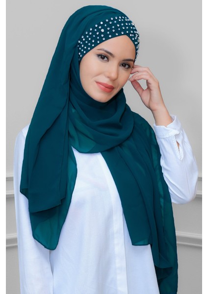 P. Mavisi Pratik Hazır Geçmeli Bone Şal Şifon Kendinden Topuzlu Taşlı Elişi Işlemeli 1450_17