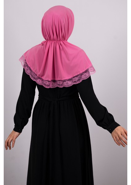 Pembe Pratik Hazır Geçmeli Tesettür Eşarp Viskon Kumaş Çıtçıtlı Dantelli 2105_04