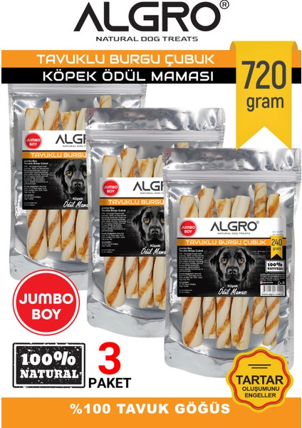 %100 Tavuk Göğüs Etli Jumbo Boy Burgu Çubuk 240 gr Sığır Derisi 3 Paket