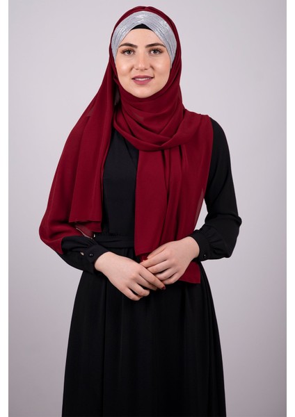 Bordo-Gümüş Arkadan Bağlamalı Şal Şifon Üç Bantlı Simli Pileli 1835_1601