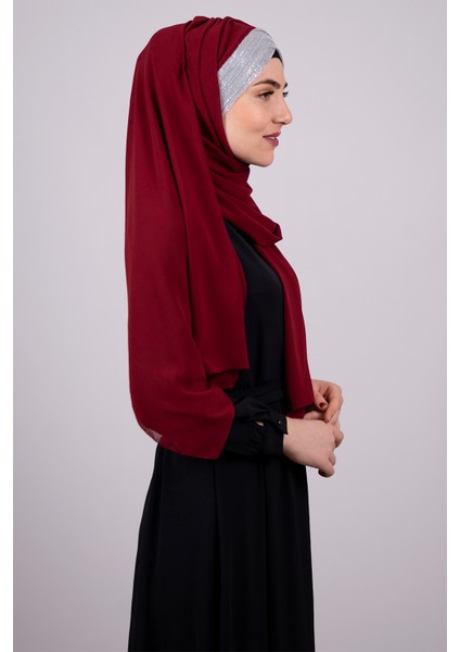 Bordo-Gümüş Arkadan Bağlamalı Şal Şifon Üç Bantlı Simli Pileli 1835_1601 fiyatları
