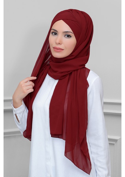 Bordo Pratik Hazır Geçmeli Bone Şal Şifon Kendinden Topuzlu Tek Bantlı 1453_16