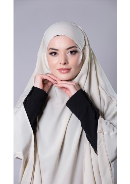 Ekru Pratik Hazır Geçmeli Tesettür Eşarp Medine Ipeği Bağcıklı Sufle Hijab 2301_27