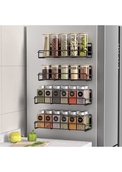 Buzdolabı ve Fırın Için 4pcs Manyetik Baharat Rafı Organizatörü, Mutfak Için Metal Buzdolabı Rafı, Siyah (Yurt Dışından)