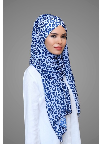 Lacivert-Leopar Pratik Hazır Geçmeli Bone Şal Şifon Kendinden Topuzlu Desenli 1454_02