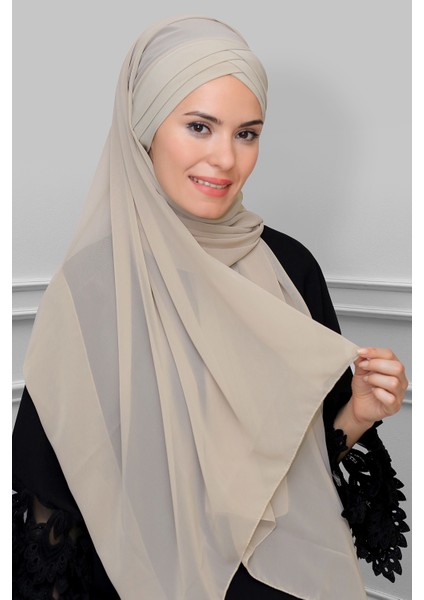 Bej Arkadan Bağlamalı Şal Şifon Çapraz Üç Bantlı 1457_12