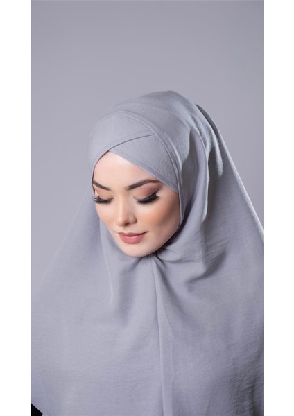 Gri Pratik Hazır Geçmeli Tesettür Eşarp Pamuk Caz Kumaş Tek Katlı Çapraz Hijab 2305_15
