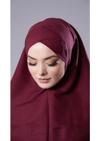 Bordo Pratik Hazır Geçmeli Tesettür Eşarp Pamuk Caz Kumaş Tek Katlı Çapraz 2305_16