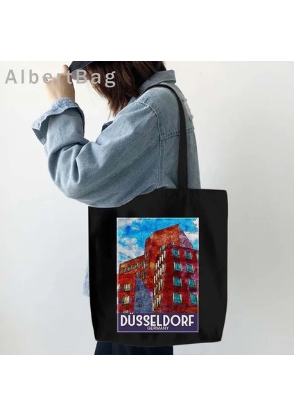 B Düsseldorf 35 cm x 40 cm Londra Louvre Pisa Kiev Roma Santorini Atina Bali Berlin Boston Dubai Dublin Floransa Mürekkep Suluboya Resim Totes Çanta Hangbag (Yurt Dışından)