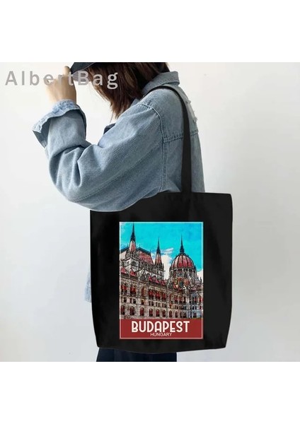 B Budapeşte 35 cm x 40 cm Londra Louvre Pisa Kiev Roma Santorini Atina Bali Berlin Boston Dubai Dublin Floransa Mürekkep Suluboya Resim Totes Çanta Hangbag (Yurt Dışından)