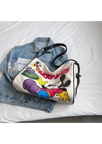 Siyah Sadece Çanta Yeni Disney Kız Büyük Kapasiteli Kanvas Çanta Öğrencileri Rahat Doku Yabancı Tarzı Tek Omuz Crossbody Kısa Yolculuk Boston Çantası (Yurt Dışından)