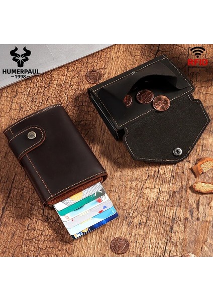 Siyah Çılgın At Deri Erkek Cüzdan Lüks Rfid Koruma Alüminyum Pop Up Kredi Kartı Tutucu Fermuarlı Para Cebi Adam Için (Yurt Dışından)