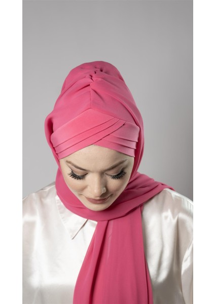 Pembe Pratik Hazır Geçmeli Bone Şal Şifon Kumaş Kendinden Boneli Üç Bantlı 1451_04