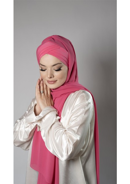 Pembe Pratik Hazır Geçmeli Bone Şal Şifon Kumaş Kendinden Boneli Üç Bantlı 1451_04