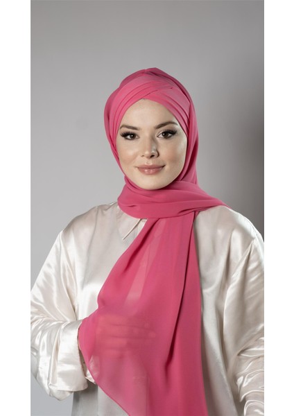 Pembe Pratik Hazır Geçmeli Bone Şal Şifon Kumaş Kendinden Boneli Üç Bantlı 1451_04