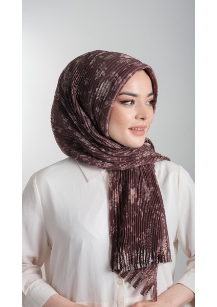 Kahverengi Pratik Hazır Geçmeli Tesettür Eşarp Kesik Elyaf Piliseli Çiçek Desenli 1818D6_14