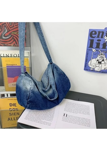 Mavi Kadın Degrade Renk Denim Hobo Hımbıl Omuz Çantası Y2K Grunge Rahat Sokak Büyük Kapasiteli Kot Kumaş Boston Yan Tek Kollu Çanta (Yurt Dışından)