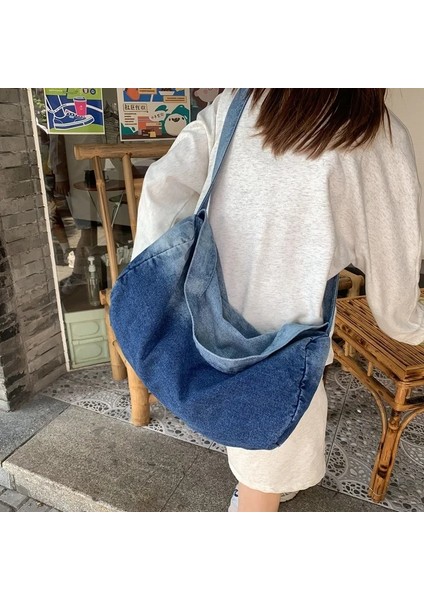 Mavi Kadın Degrade Renk Denim Hobo Hımbıl Omuz Çantası Y2K Grunge Rahat Sokak Büyük Kapasiteli Kot Kumaş Boston Yan Tek Kollu Çanta (Yurt Dışından) fırsatları