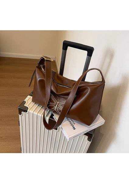 Kahve 48X28X12CM Kadınlar Için Ünlü Marka Tasarım Çanta 2023 Işlemeli Kelebek Omuz Çantası Retro Çanta Kadın Tote Çanta Alışveriş Çantası Kova Çanta (Yurt Dışından)