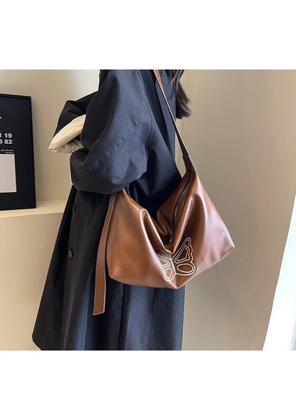 Kahve 48X28X12CM Kadınlar Için Ünlü Marka Tasarım Çanta 2023 Işlemeli Kelebek Omuz Çantası Retro Çanta Kadın Tote Çanta Alışveriş Çantası Kova Çanta (Yurt Dışından) fırsatları