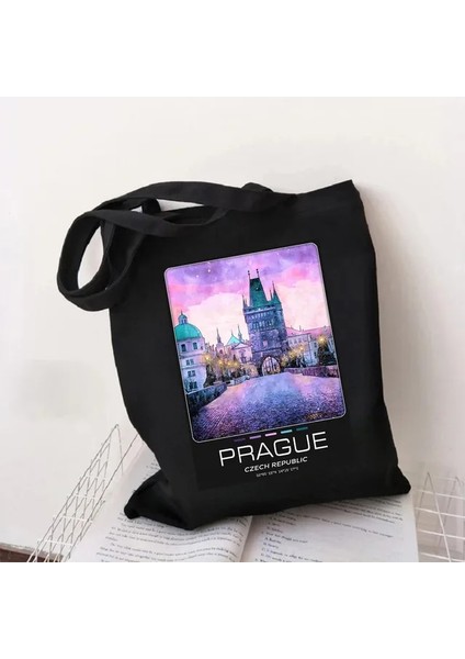 Prag 35X40 cm Boston Dublin Kiev Atina Kadın Kanvas Siyah Omuz Çantaları Harajuku Çanta Tote Eko Yeniden Kullanılabilir Pamuk Katlanabilir Alışveriş Çantaları (Yurt Dışından)