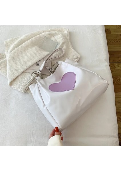 Beyaz Aşk Kalp Omuz Çantası Beyaz Mor Renk Kadın Büyük Kapasiteli Bayanlar Shopper Tote Bayanlar Boston Dekorasyon Tasarımcı Çantası (Yurt Dışından)