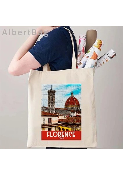 Floransa Italya 35 cm x 40 cm Londra Louvre Pisa Kiev Roma Santorini Atina Bali Berlin Boston Dubai Dublin Floransa Mürekkep Suluboya Resim Tote Çanta Hangbag (Yurt Dışından)