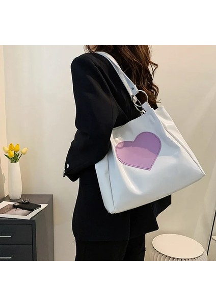 Beyaz Aşk Kalp Omuz Çantası Beyaz Mor Renk Kadın Büyük Kapasiteli Bayanlar Shopper Tote Bayanlar Boston Dekorasyon Tasarımcı Çantası (Yurt Dışından) fiyatları
