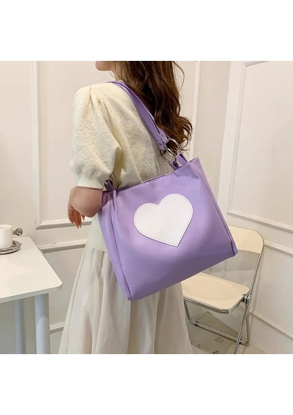 Beyaz Aşk Kalp Omuz Çantası Beyaz Mor Renk Kadın Büyük Kapasiteli Bayanlar Shopper Tote Bayanlar Boston Dekorasyon Tasarımcı Çantası (Yurt Dışından) fırsatları