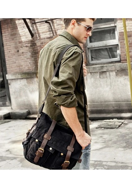 Siyah 35X10X30CM 2023 Moda Vintage Erkek ve Kadın Messenger Çanta Pamuk Kanvas Deri Crossbody Çanta Erkek Omuz Çantası Rahat Sling Çanta (Yurt Dışından) indirimleri