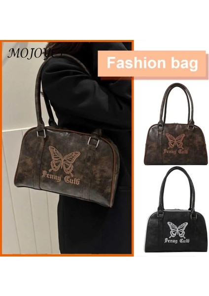 Kahverengi Kadın Deri Çanta Su Geçirmez Fermuar Omuz Çantası Işlemeli Kelebek Üst Kolu Çanta Satchel Hobo Çanta Kız Şık Çanta (Yurt Dışından)