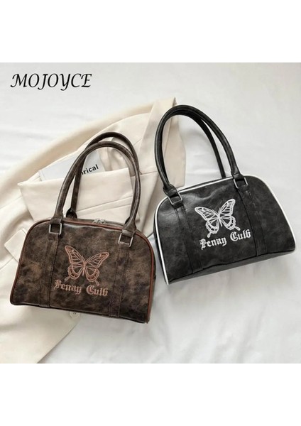 Kahverengi Kadın Deri Çanta Su Geçirmez Fermuar Omuz Çantası Işlemeli Kelebek Üst Kolu Çanta Satchel Hobo Çanta Kız Şık Çanta (Yurt Dışından)