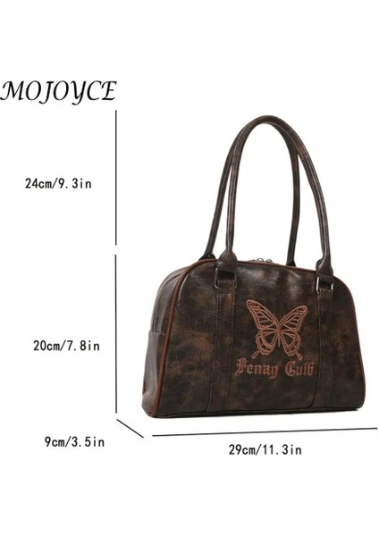 Kahverengi Kadın Deri Çanta Su Geçirmez Fermuar Omuz Çantası Işlemeli Kelebek Üst Kolu Çanta Satchel Hobo Çanta Kız Şık Çanta (Yurt Dışından)