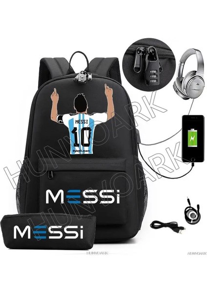 Beyaz Messi Sırt Çantası Hafif Dizüstü Kadın Erkek Rahat USB Okul Çantaları Gençlik Seyahat Sırt Çantası Gençler Açık Spor Öğrencileri Mochilas (Yurt Dışından) fırsatları