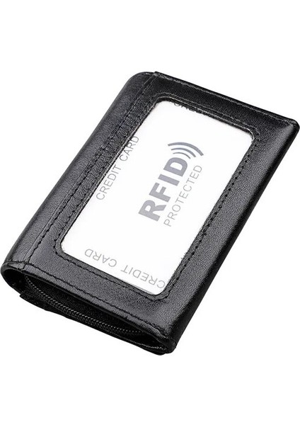 Siyah Hakiki Deri Küçük Kart Cüzdan Erkekler Için Ince Bozuk Para Cüzdanı Mini Para Çantası Rfid Katlama Iş Kredi Kartı Tutucu Cüzdan Kadınlar Için (Yurt Dışından)