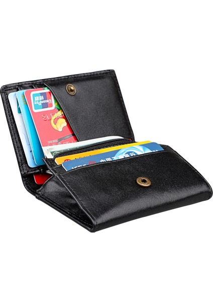 Siyah Hakiki Deri Küçük Kart Cüzdan Erkekler Için Ince Bozuk Para Cüzdanı Mini Para Çantası Rfid Katlama Iş Kredi Kartı Tutucu Cüzdan Kadınlar Için (Yurt Dışından)