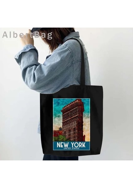 B New York 35 cm x 40 cm Londra Louvre Pisa Kiev Roma Santorini Atina Bali Berlin Boston Dubai Dublin Floransa Mürekkep Suluboya Resim Totes Çanta Hangbag (Yurt Dışından)