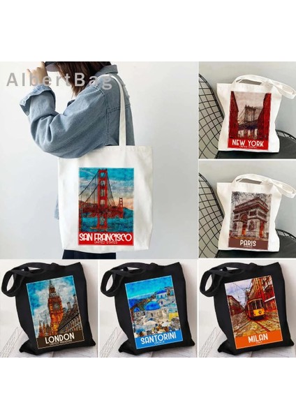 B New York 35 cm x 40 cm Londra Louvre Pisa Kiev Roma Santorini Atina Bali Berlin Boston Dubai Dublin Floransa Mürekkep Suluboya Resim Totes Çanta Hangbag (Yurt Dışından) fiyatları