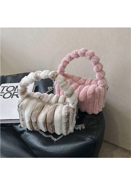 Pembe Sonbahar Kış Lüks Moda Peluş Çanta Kabarık Taklit Kürk Omuz Çantası Bayan Crossbody Messenger Çanta (Yurt Dışından) modelleri