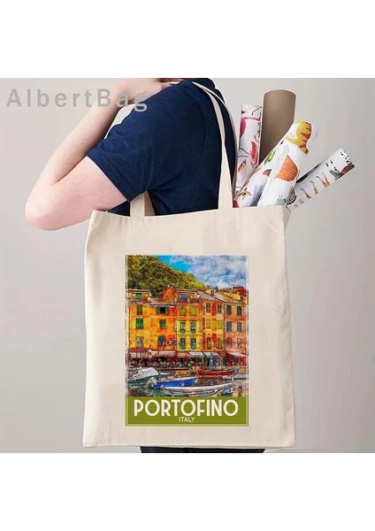 Portofino Italya 35 cm x 40 cm Londra Louvre Pisa Kiev Roma Santorini Atina Bali Berlin Boston Dubai Dublin Floransa Mürekkep Suluboya Resim Totes Çanta Hangbag (Yurt Dışından)