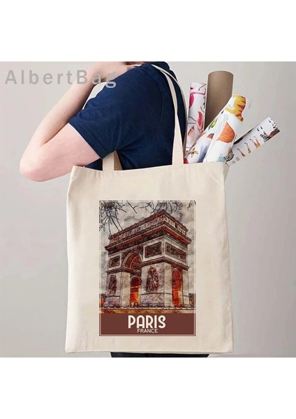 Portofino Italya 35 cm x 40 cm Londra Louvre Pisa Kiev Roma Santorini Atina Bali Berlin Boston Dubai Dublin Floransa Mürekkep Suluboya Resim Totes Çanta Hangbag (Yurt Dışından) indirimleri