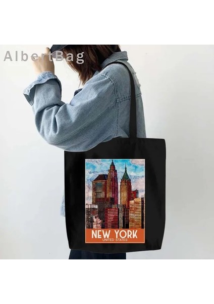 B New York Amerika 35 cm x 40 cm Londra Louvre Pisa Kiev Roma Santorini Atina Bali Berlin Boston Dubai Dublin Floransa Mürekkep Suluboya Resim Totes Çanta Hangbag (Yurt Dışından)