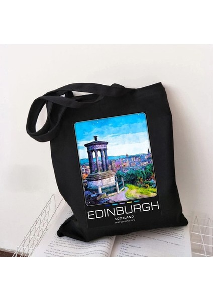 Edinburgh Iskoçya 35X40 cm Boston Dublin Kiev Atina Kadın Kanvas Siyah Omuz Çantaları Harajuku Çanta Tote Eko Yeniden Kullanılabilir Pamuk Katlanabilir Alışveriş Çantaları (Yurt Dışından)